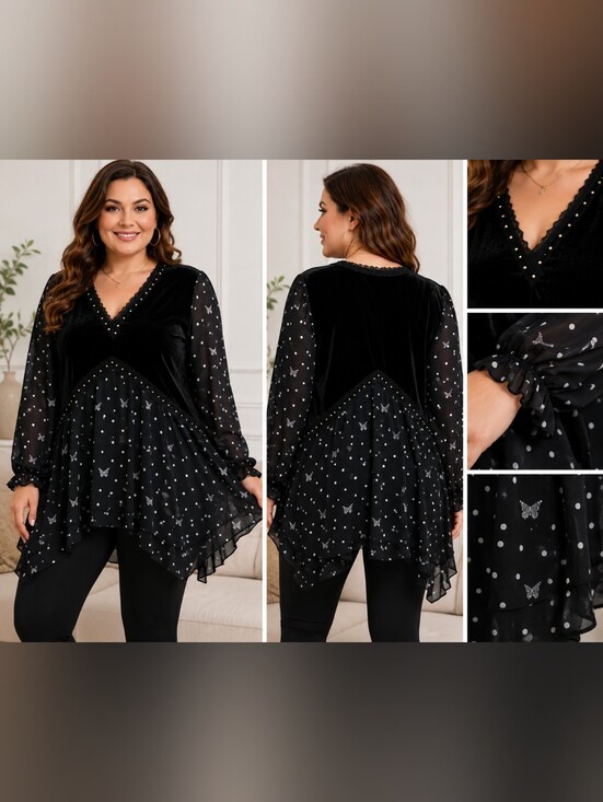 Tops - 🖤 NWT Black Velvet Butterfly Polka Dot Tunic Top 2X